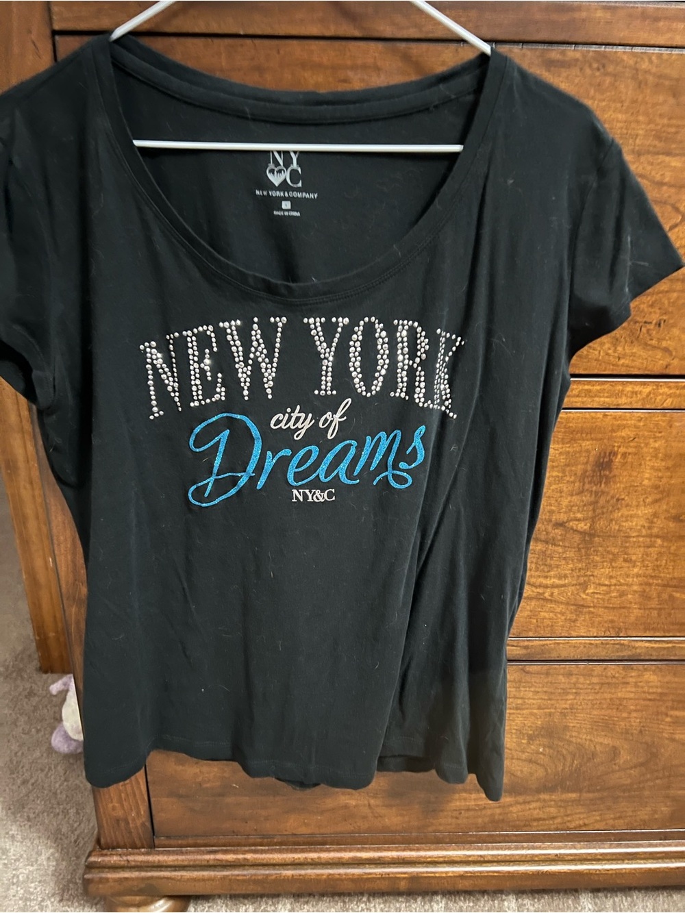 New York & Company Black Rhinestone 'New York' Tee with Blue 'Dreams' Script